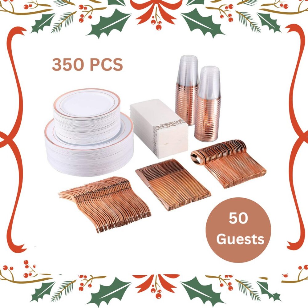 Rose Gold Disposable Plastic Dinnerware Set for 50 Guests – 350 Pieces